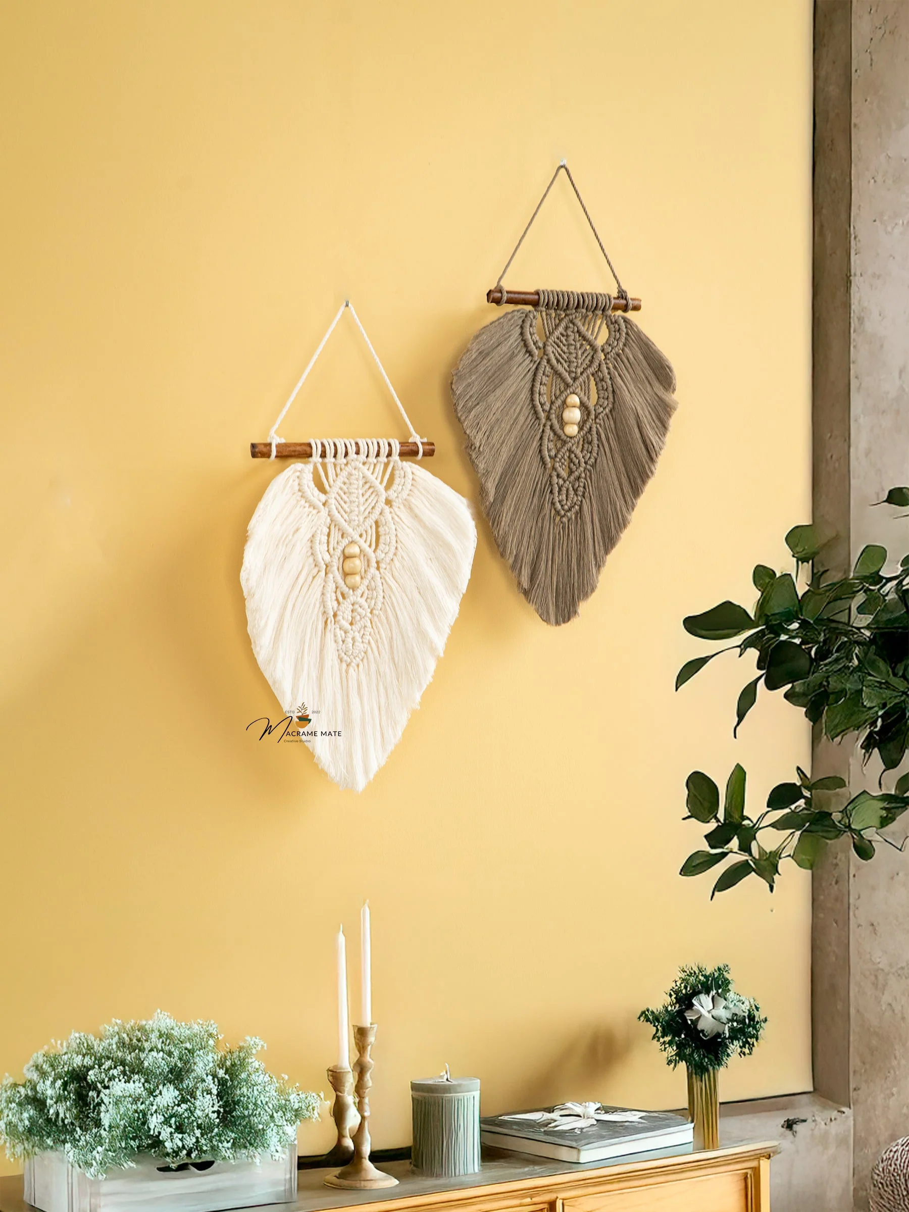 Rustic Natural Taupe Macrame Leaves - Image 8