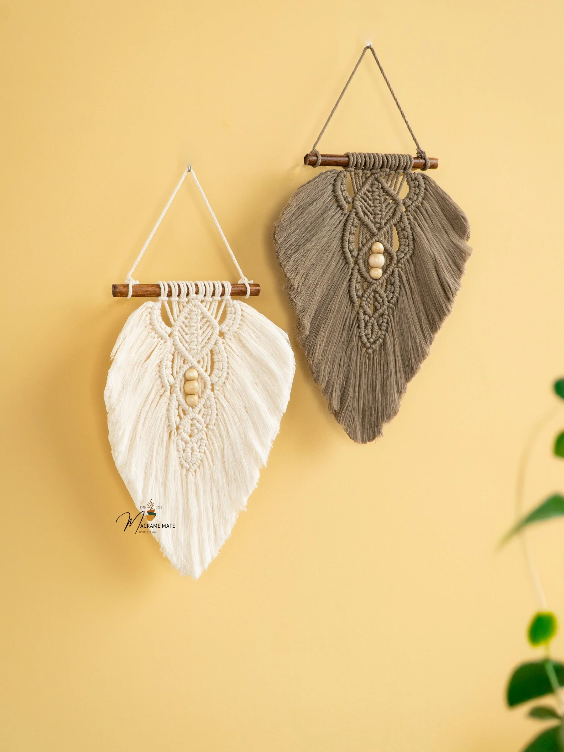 Rustic Natural Taupe Macrame Leaves - Image 9
