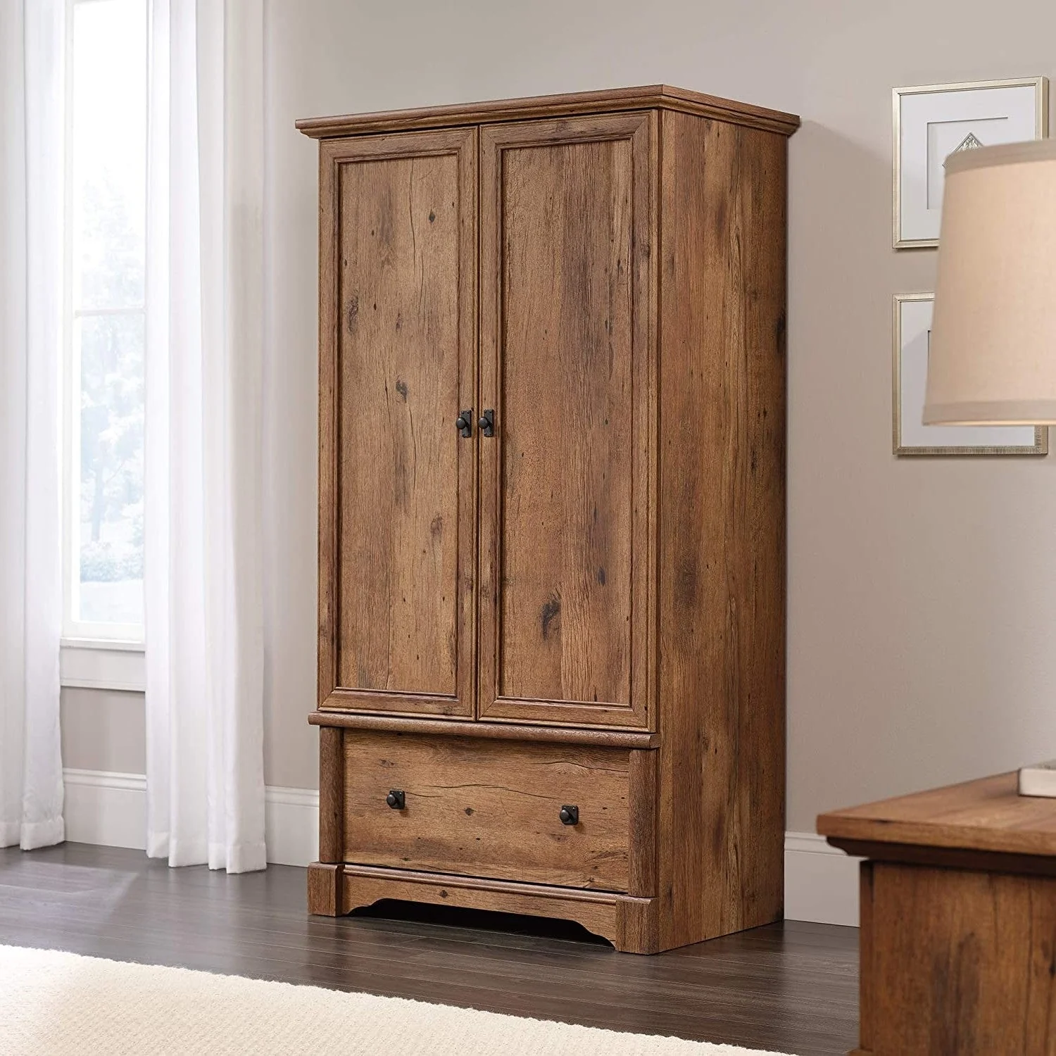 Rustic Oak Drawer and Garment Rod Wardrobe Armoire - Image 2