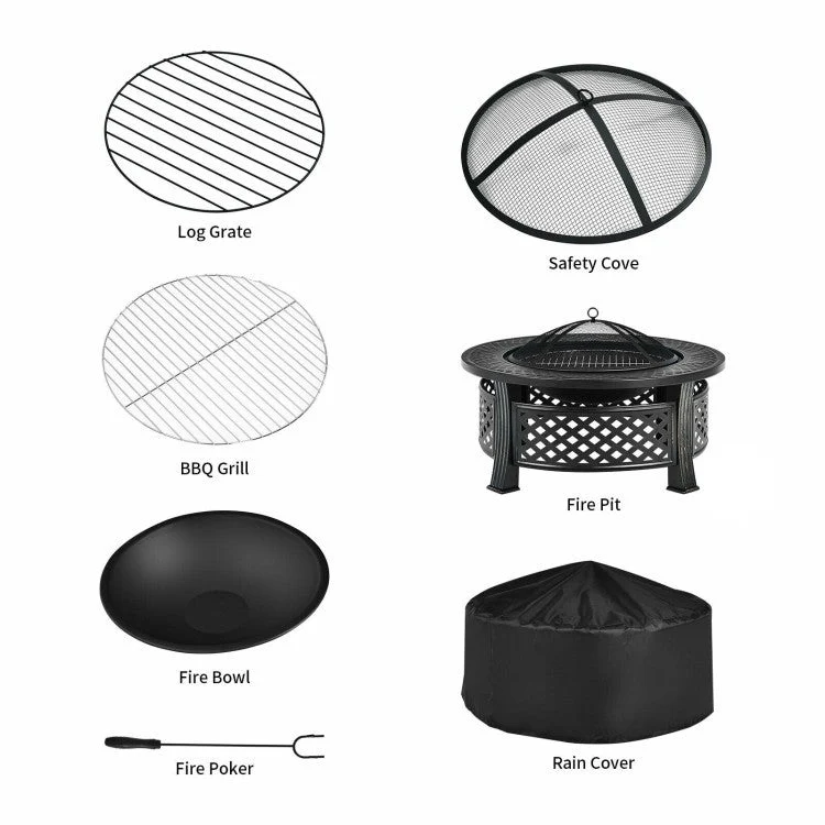 Rustic Steel Outdoor Fire Pit with BBQ Grill with Poker and Mesh Cover - Image 3