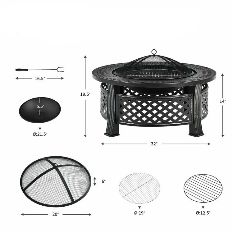 Rustic Steel Outdoor Fire Pit with BBQ Grill with Poker and Mesh Cover - Image 4