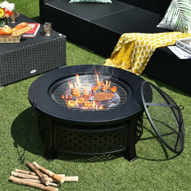 Rustic Steel Outdoor Fire Pit with BBQ Grill with Poker and Mesh Cover - Image 5