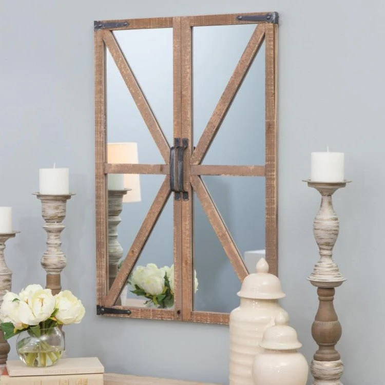 Rustic Vintage Faux Barn Doors Farmhouse Wall Mirror - Image 2