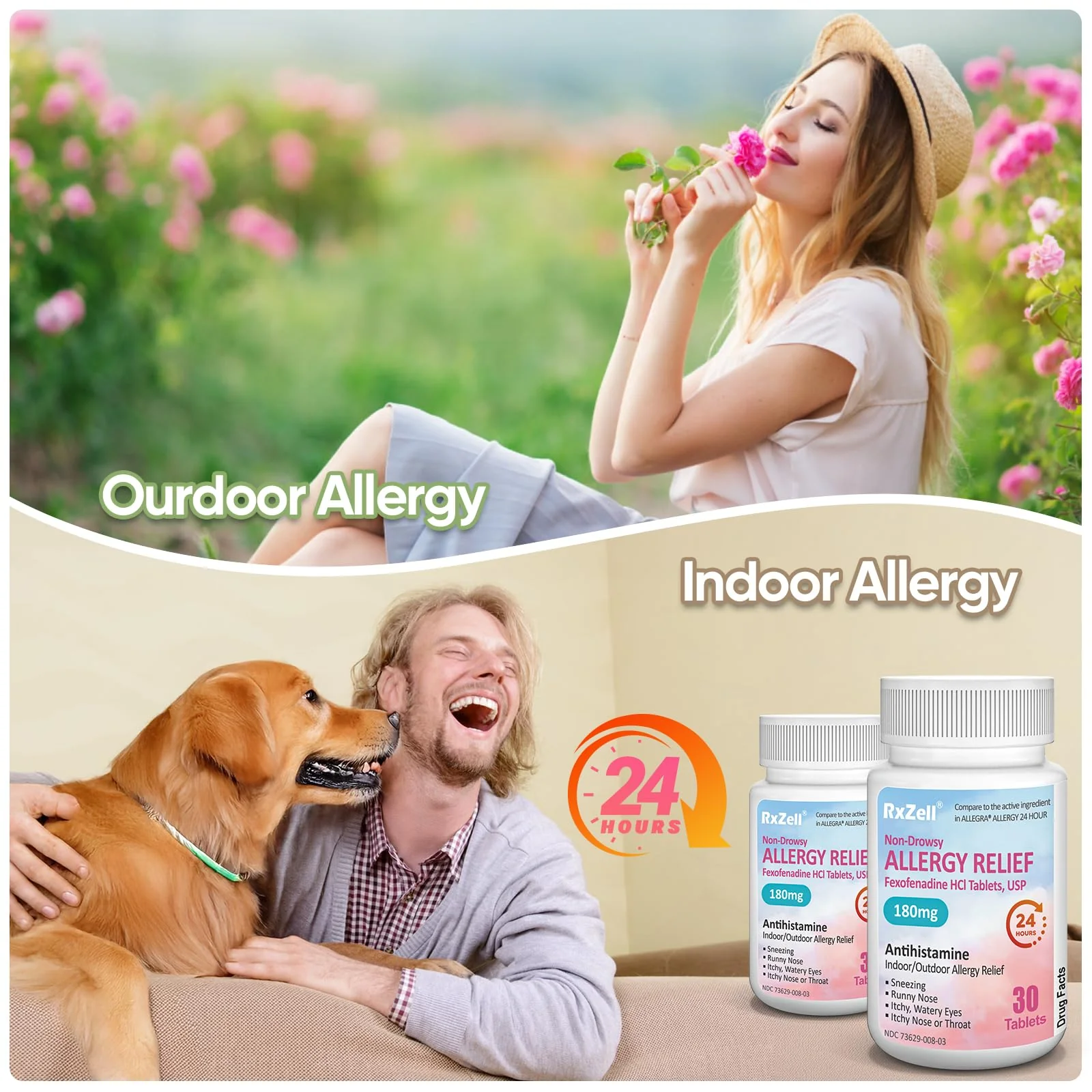 RXZELL Allergy Relief | Fexofenadine HCl 180mg, 24-Hour Antihistamine, Non-Drowsy (30 Count (Pack of 2)) - Image 3
