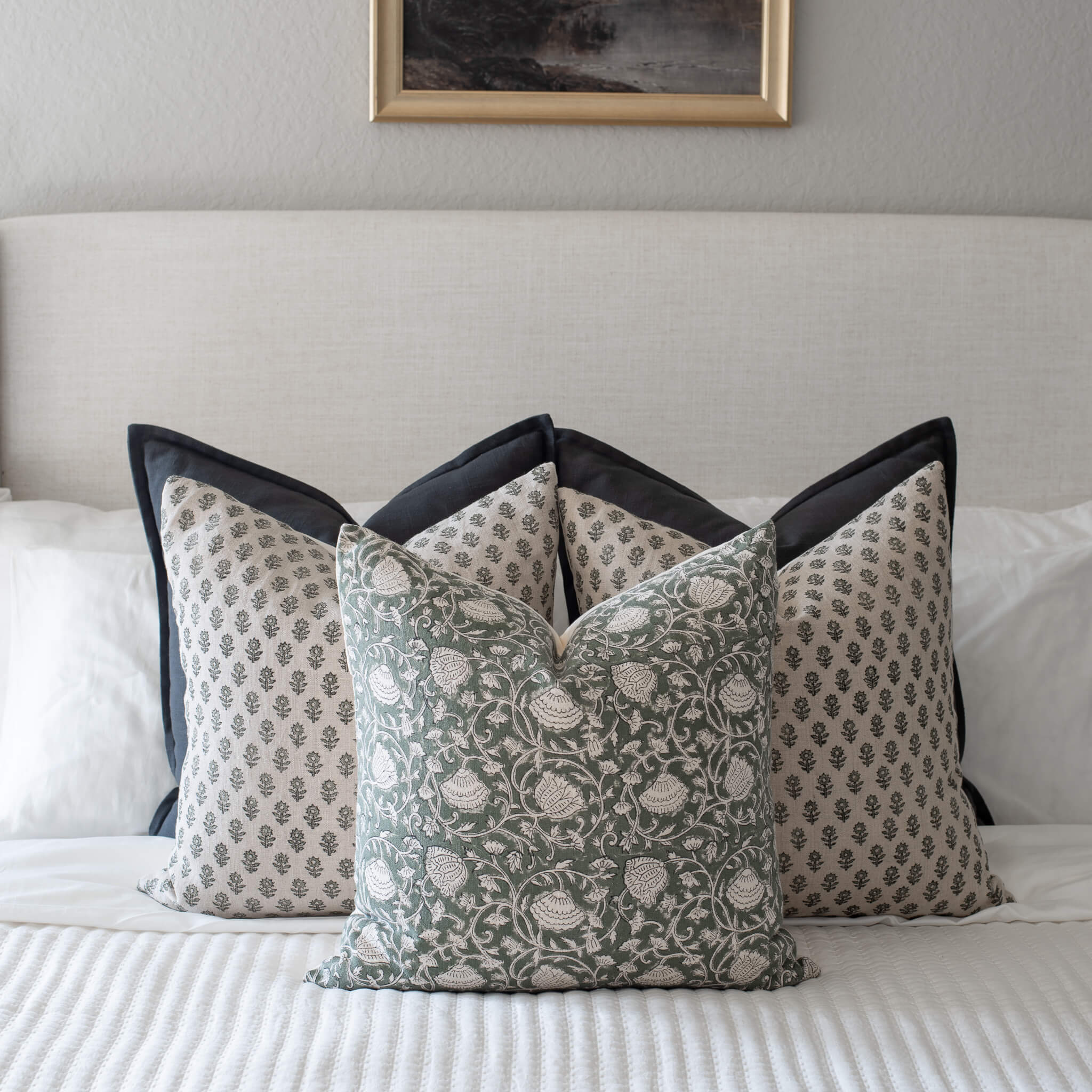 Sabine Floral Block Printed Pillow Cover | Green - Image 2
