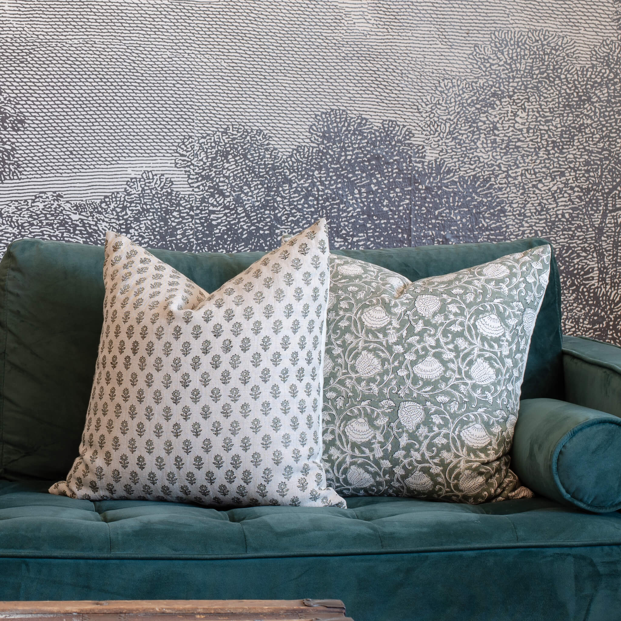 Sabine Floral Block Printed Pillow Cover | Green - Image 4