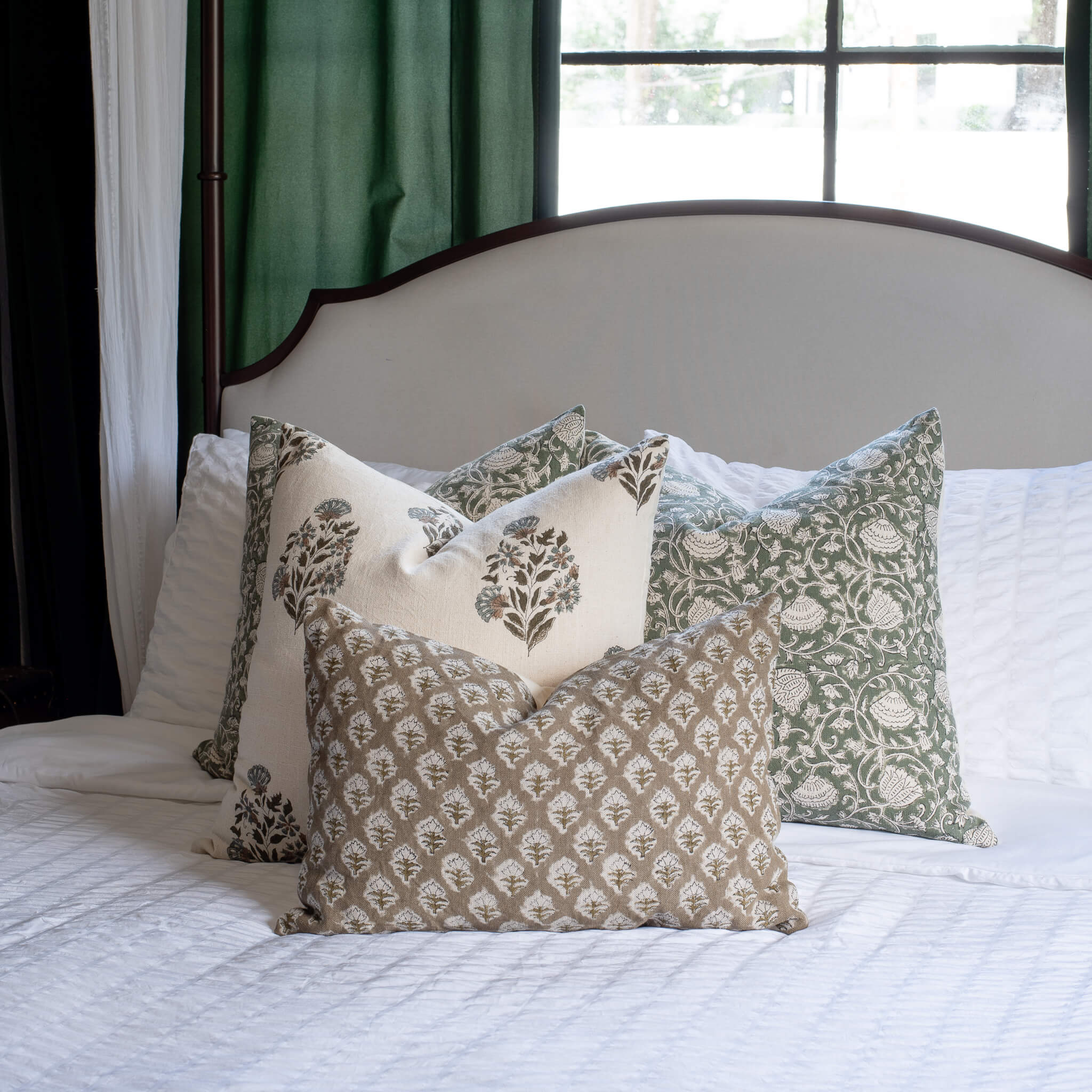 Sabine Floral Block Printed Pillow Cover | Green - Image 5