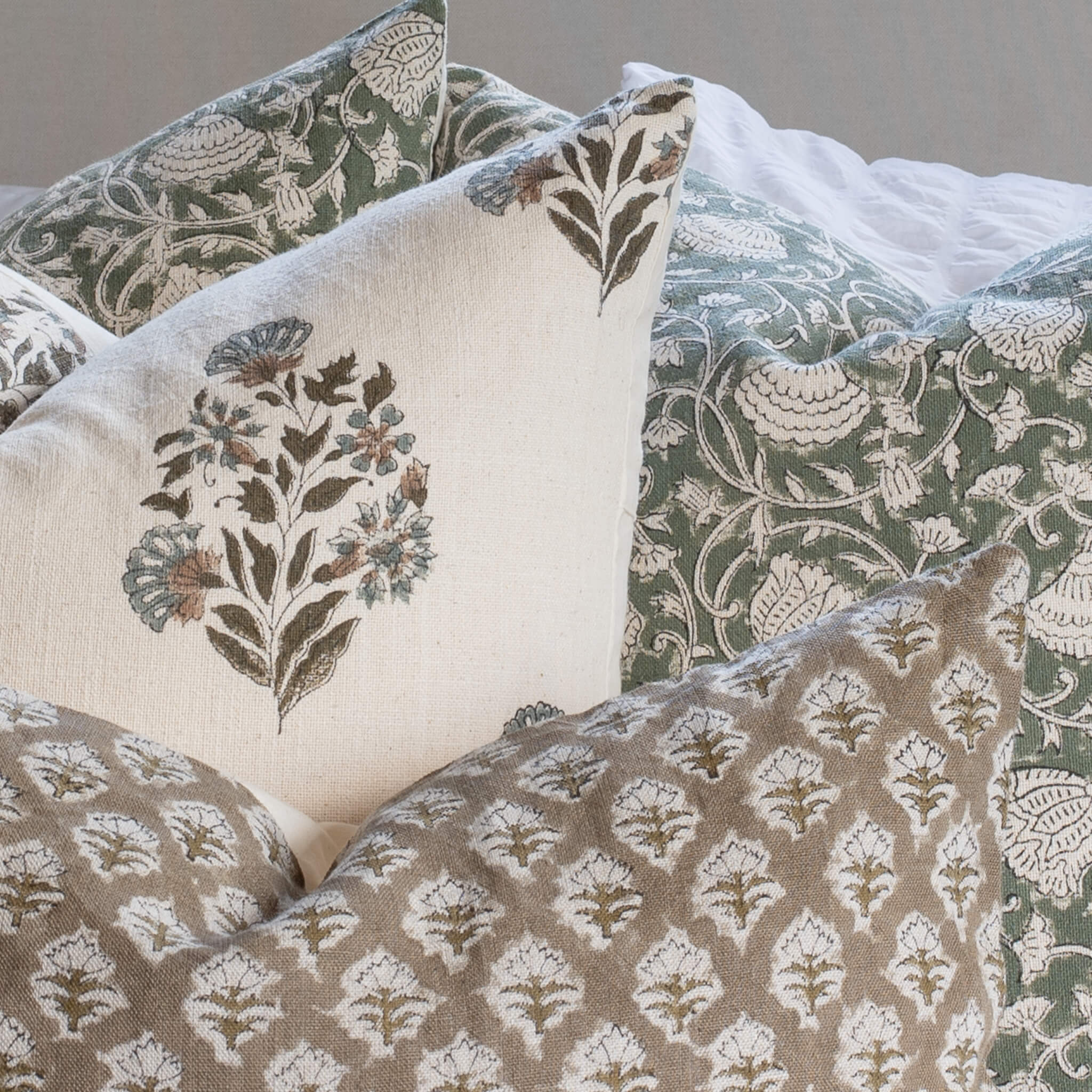 Sabine Floral Block Printed Pillow Cover | Green - Image 6