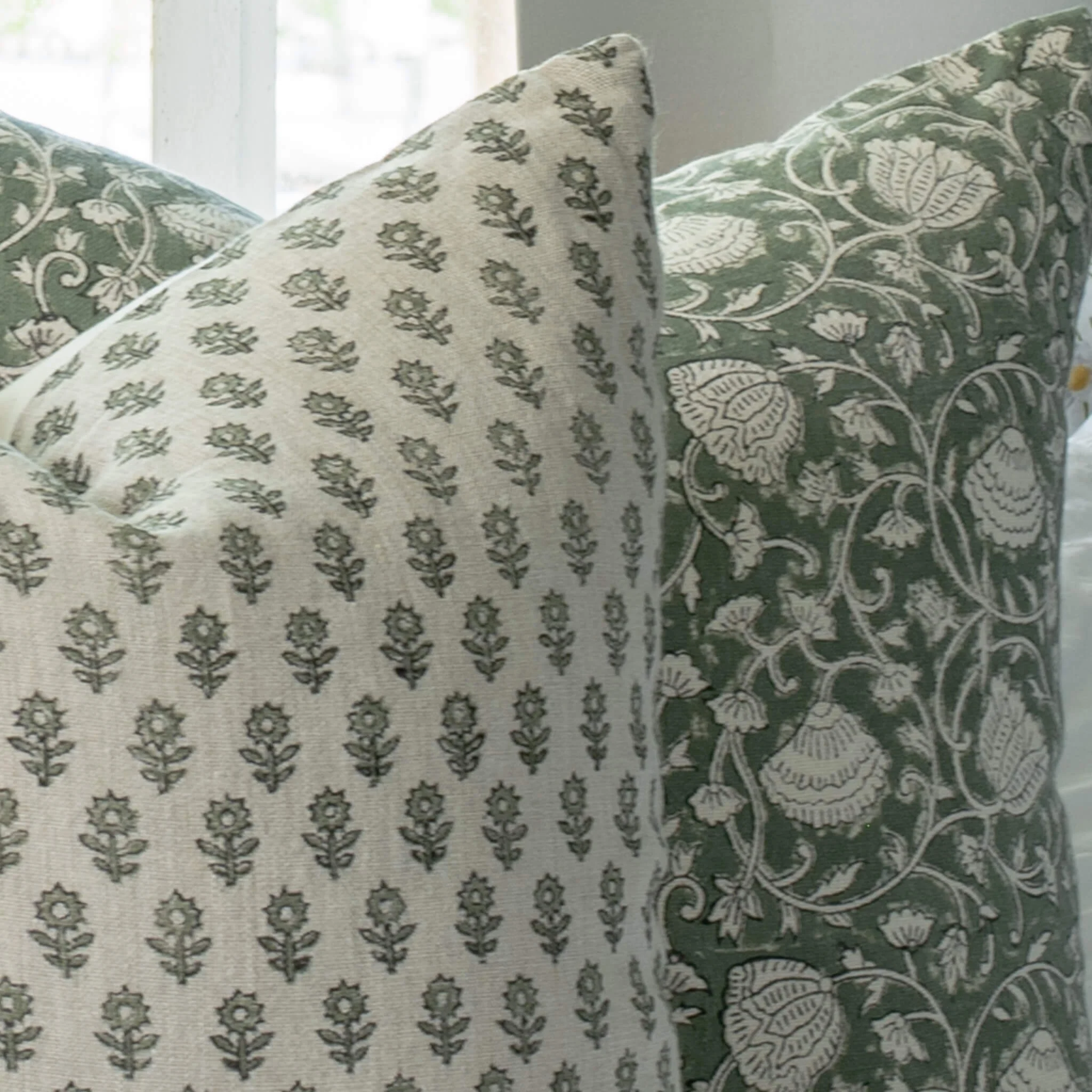 Sabine Floral Block Printed Pillow Cover | Green - Image 8