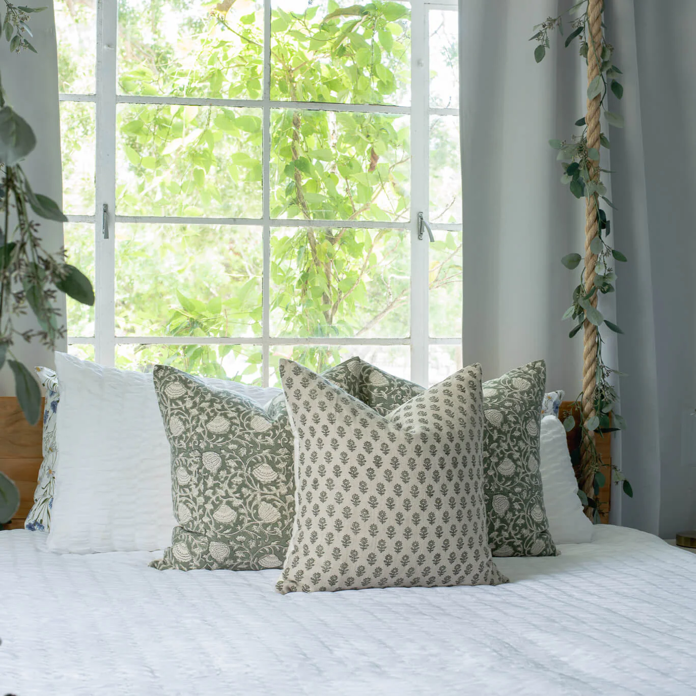Sabine Floral Block Printed Pillow Cover | Green - Image 9