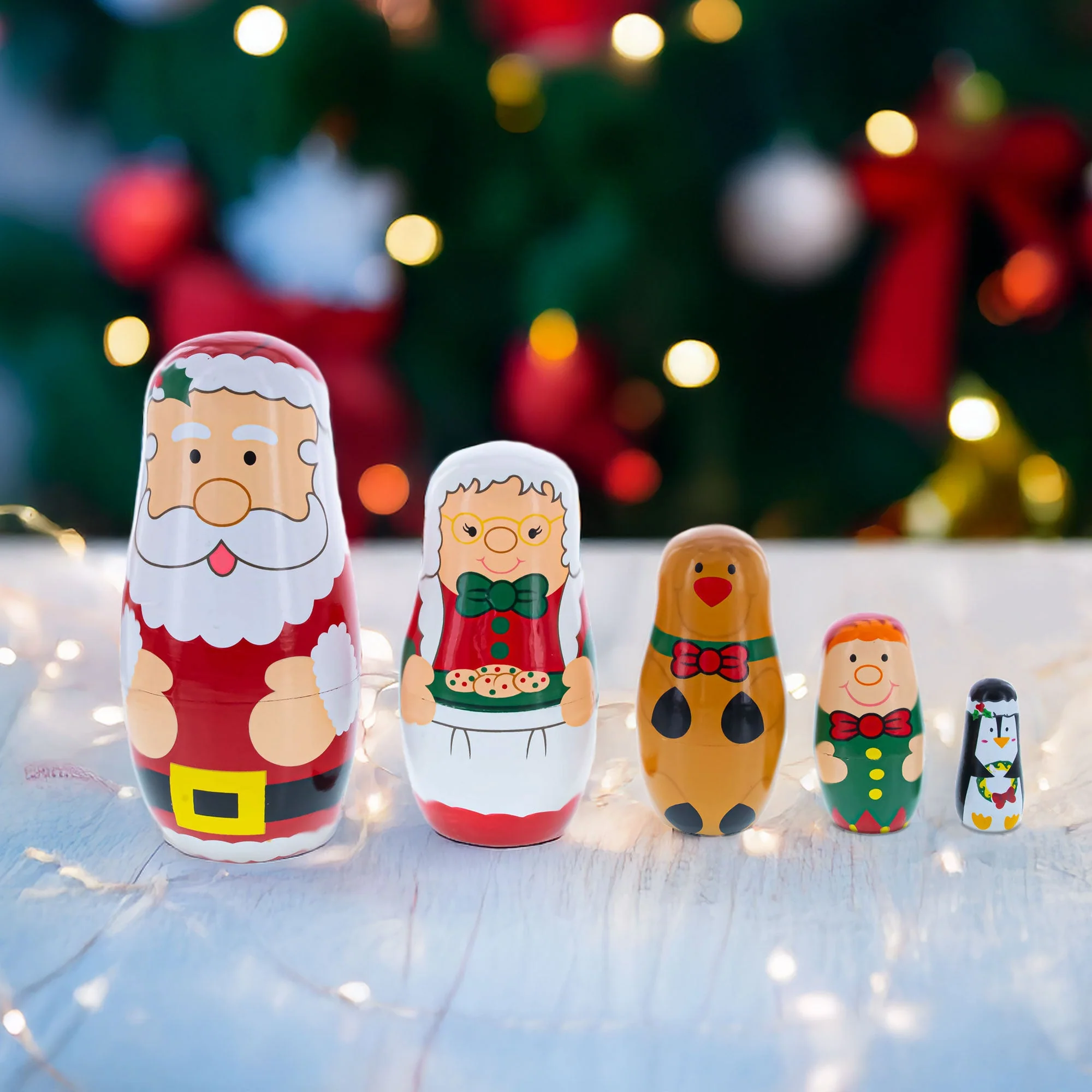 Santa, Mrs. Claus, Reindeer, Elf Wooden Nesting Dolls 6 Inches - Image 2