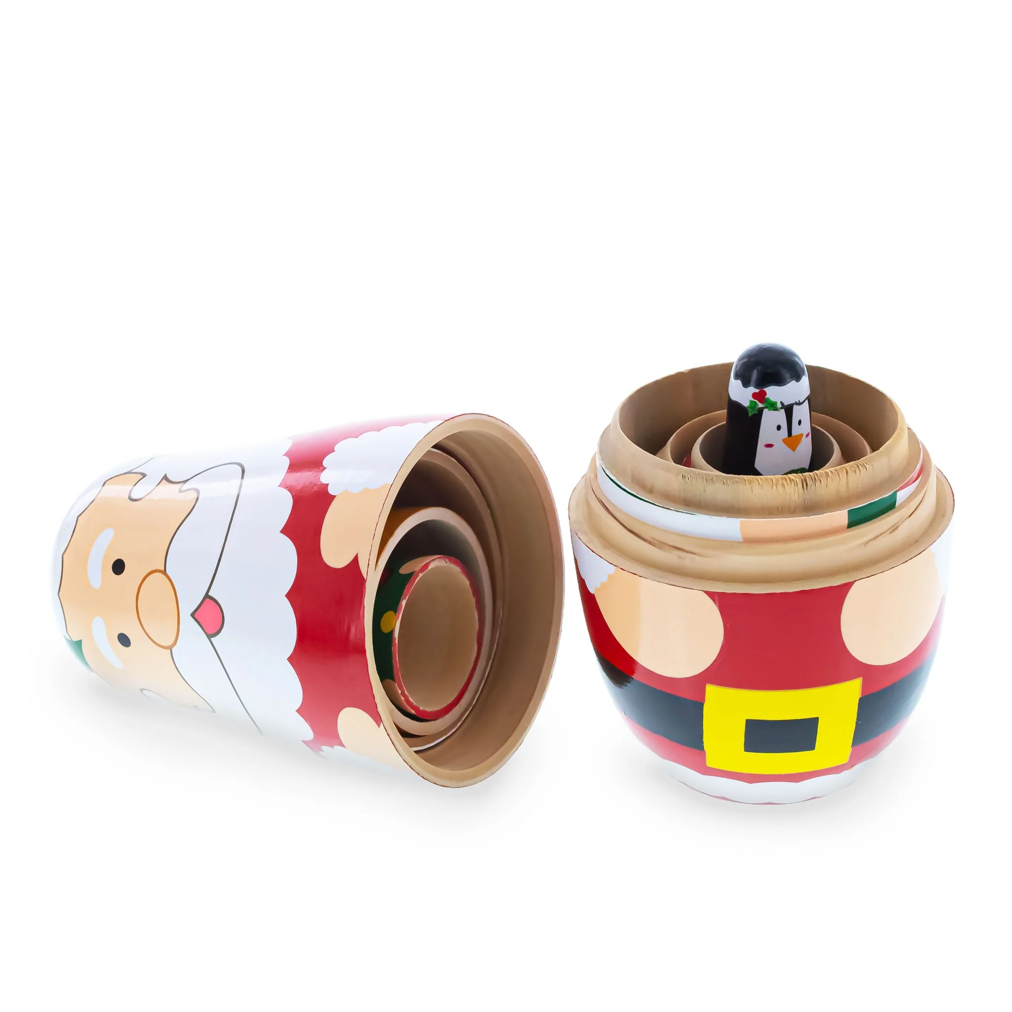 Santa, Mrs. Claus, Reindeer, Elf Wooden Nesting Dolls 6 Inches - Image 3