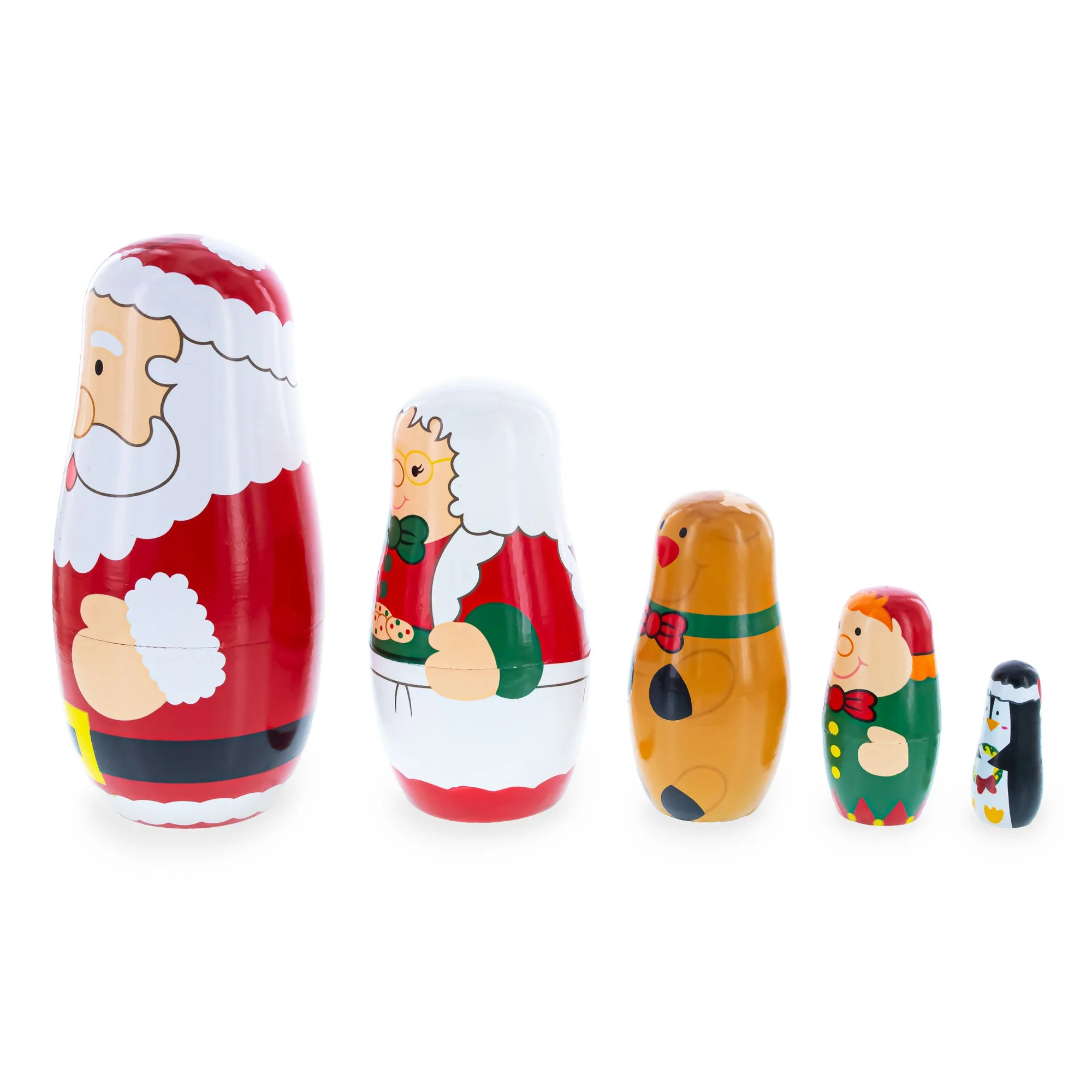 Santa, Mrs. Claus, Reindeer, Elf Wooden Nesting Dolls 6 Inches - Image 4
