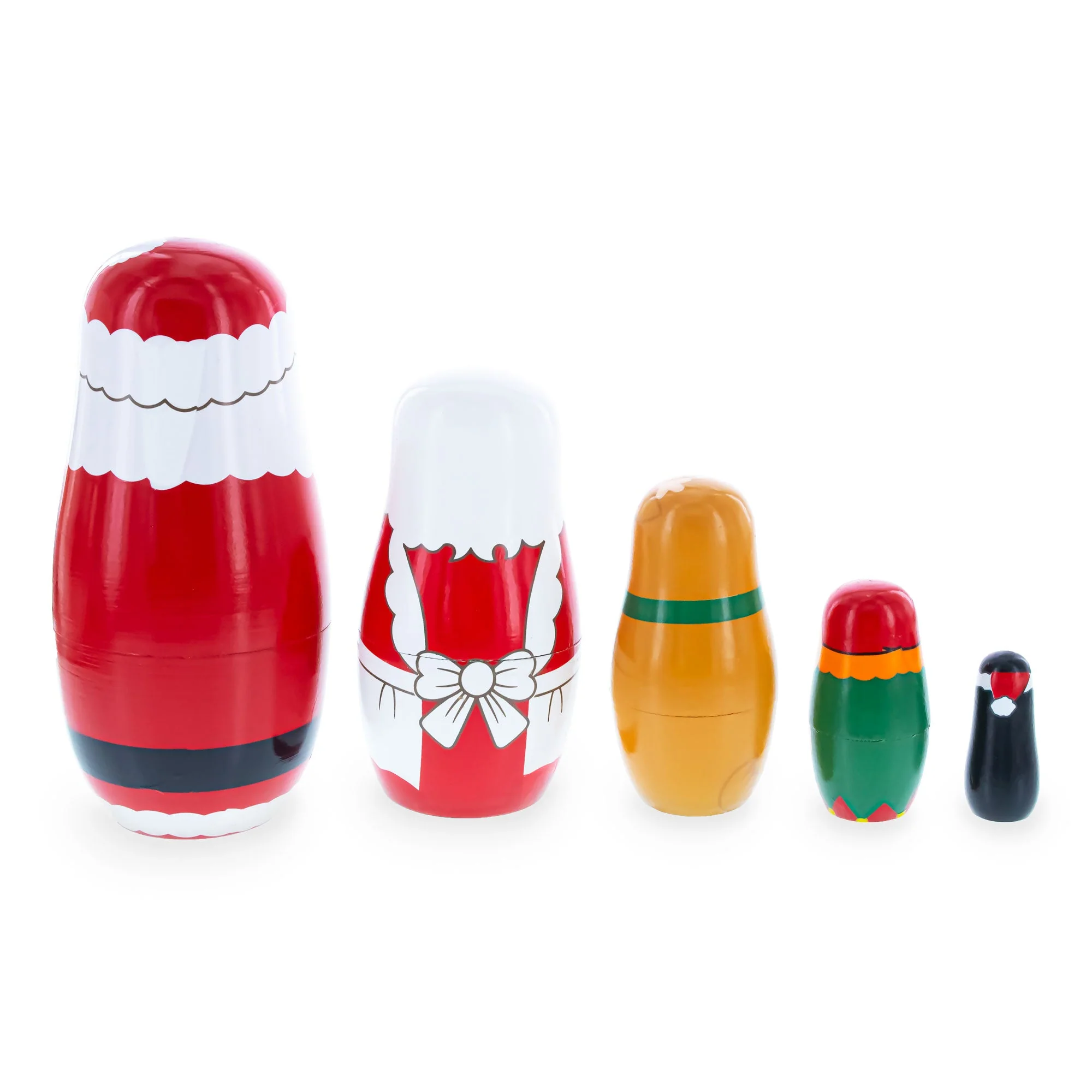 Santa, Mrs. Claus, Reindeer, Elf Wooden Nesting Dolls 6 Inches - Image 5