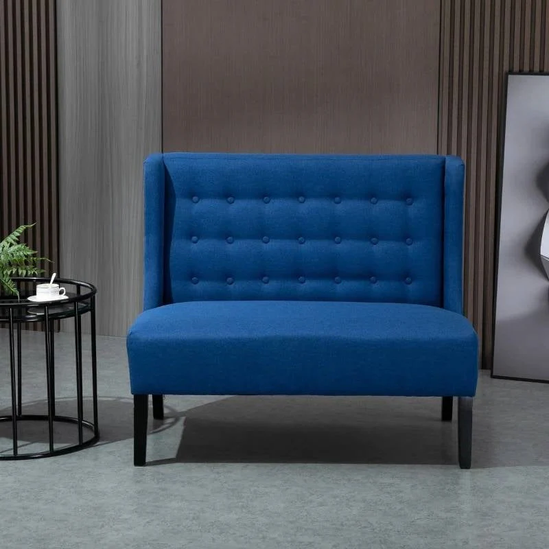 Scandinavian 2 Seater Button Tufted Loveseat Wooden Legs Blue Linen - Image 2