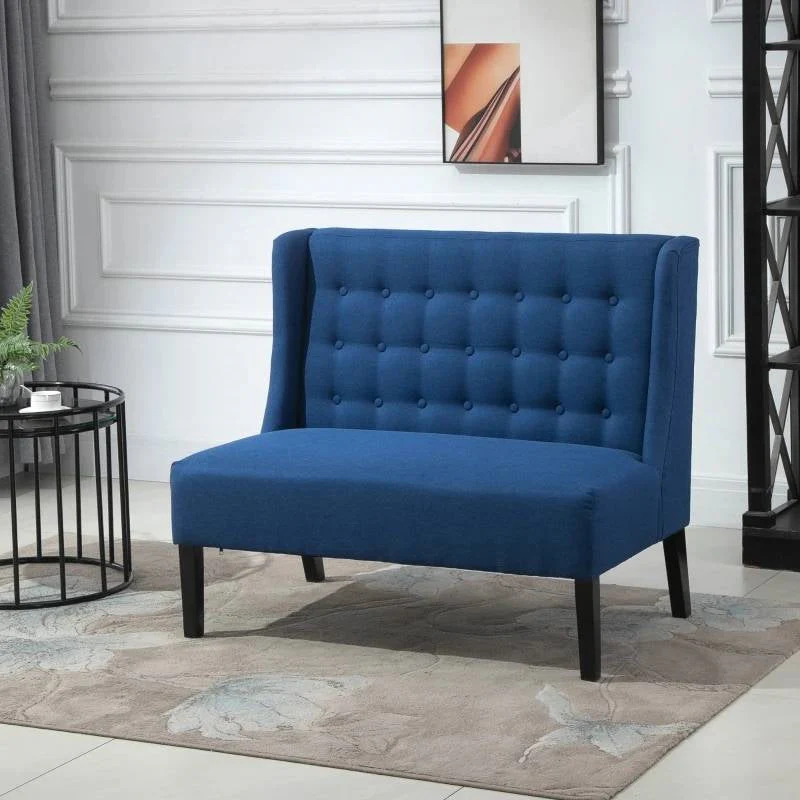 Scandinavian 2 Seater Button Tufted Loveseat Wooden Legs Blue Linen - Image 3
