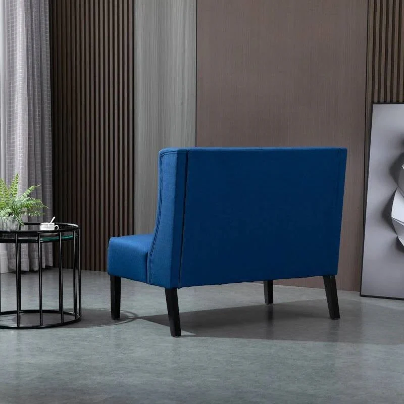 Scandinavian 2 Seater Button Tufted Loveseat Wooden Legs Blue Linen - Image 4