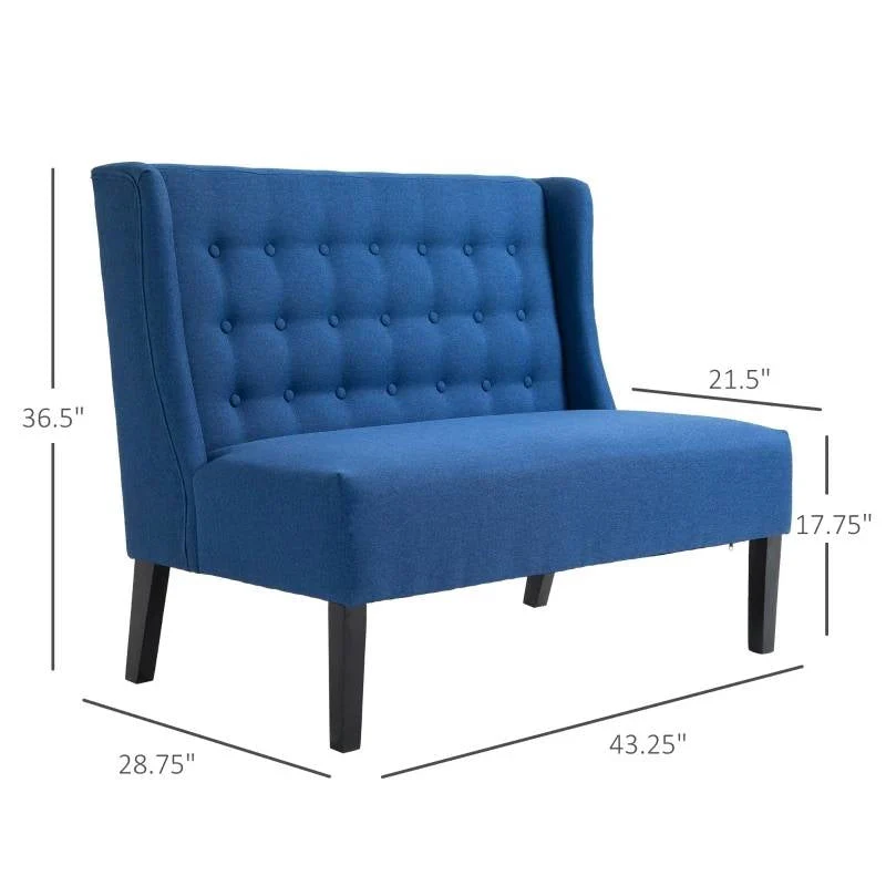 Scandinavian 2 Seater Button Tufted Loveseat Wooden Legs Blue Linen - Image 5