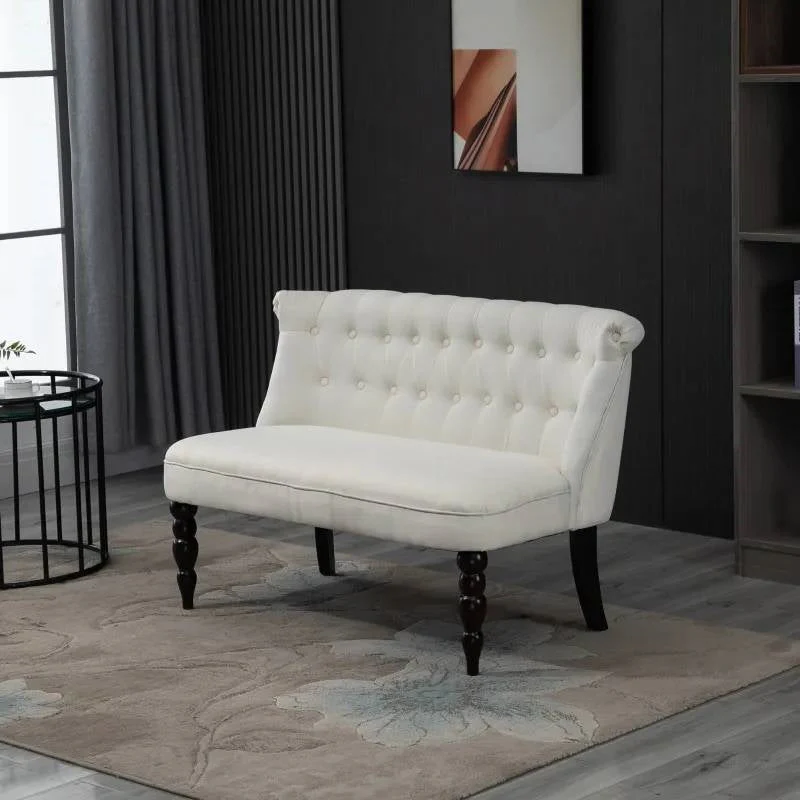 Scandinavian 2 Seater Button Tufted Loveseat Wooden Legs Cream White Linen - Image 2