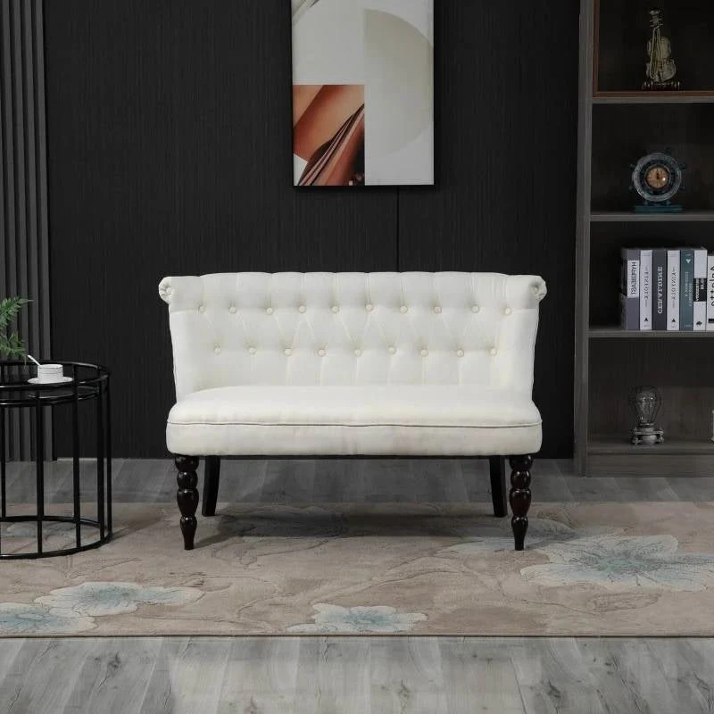 Scandinavian 2 Seater Button Tufted Loveseat Wooden Legs Cream White Linen - Image 3