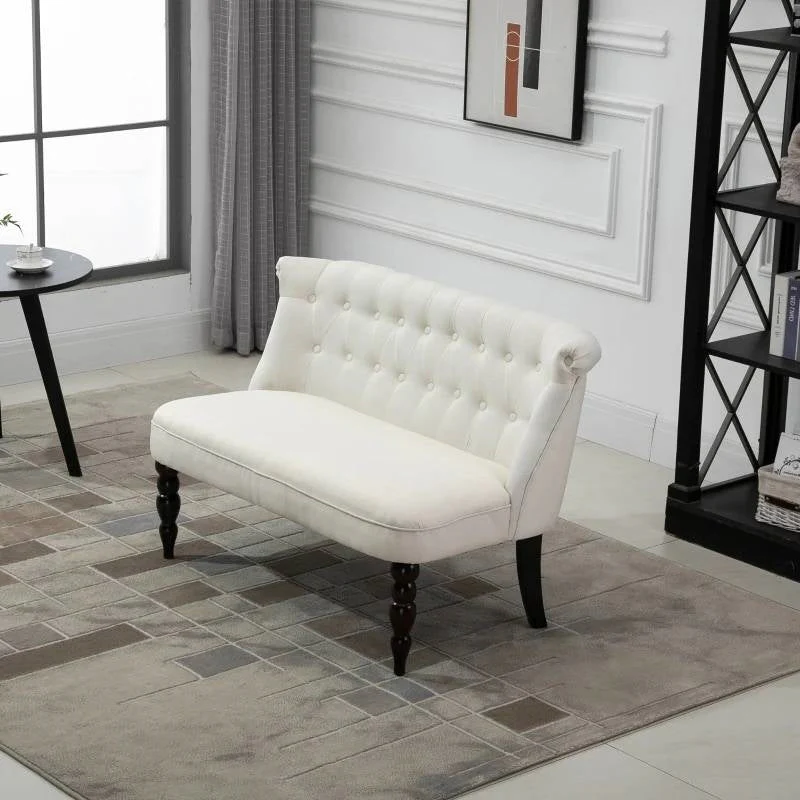 Scandinavian 2 Seater Button Tufted Loveseat Wooden Legs Cream White Linen - Image 4