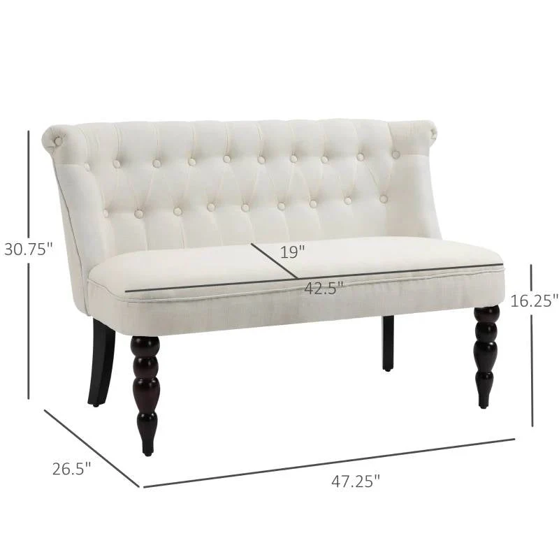 Scandinavian 2 Seater Button Tufted Loveseat Wooden Legs Cream White Linen - Image 5