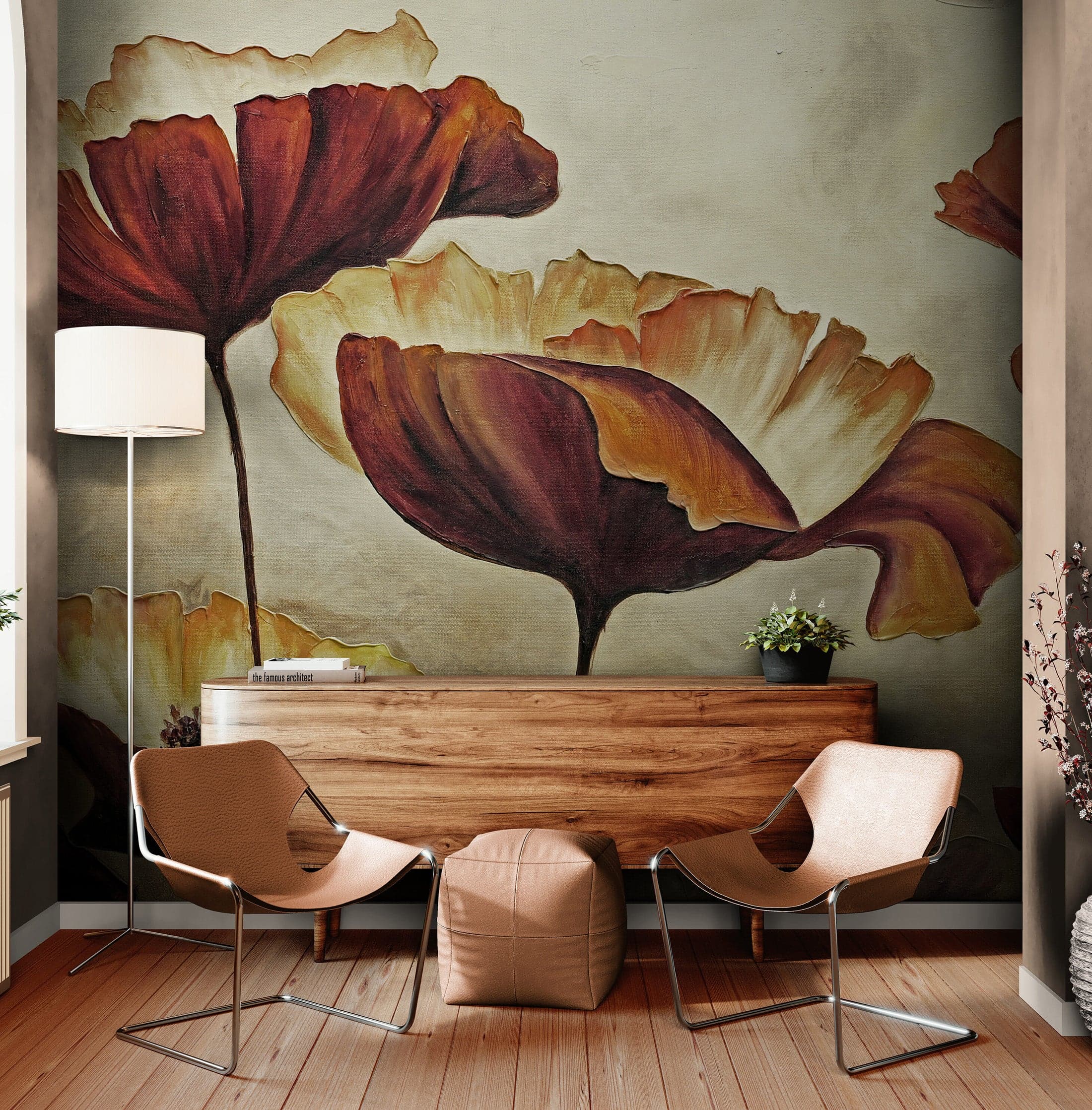 Sepia Poppies Flower Wall Mural. Vintage Botanical Wallpaper. #6155 - Image 2