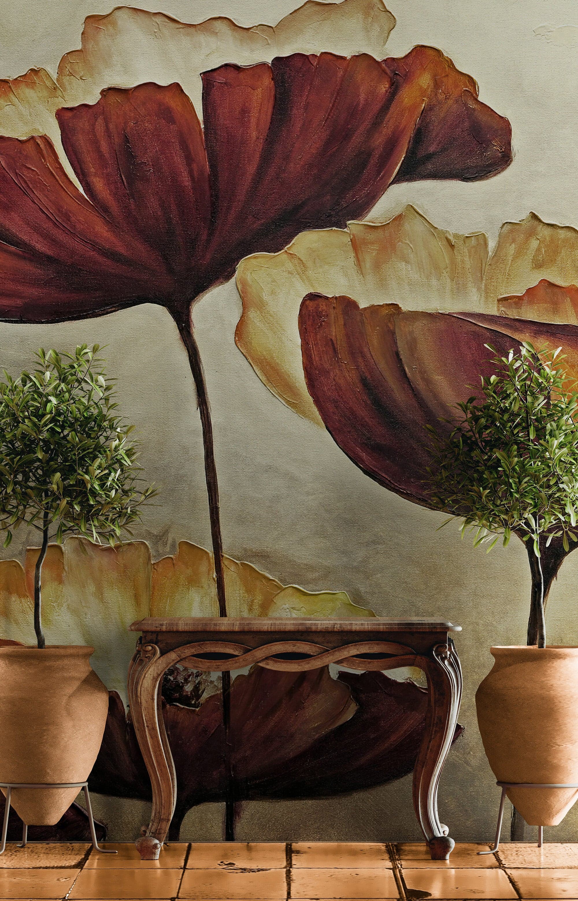 Sepia Poppies Flower Wall Mural. Vintage Botanical Wallpaper. #6155 - Image 3