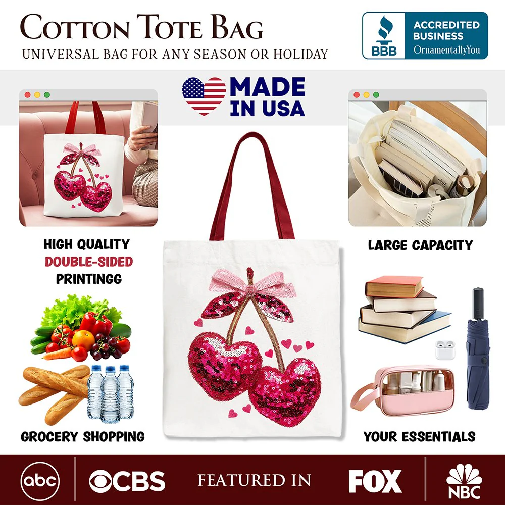 Sequin Pink Cherry Heart Canvas Tote Bag, Valentine Coquette Trendy Women Gift - Image 2