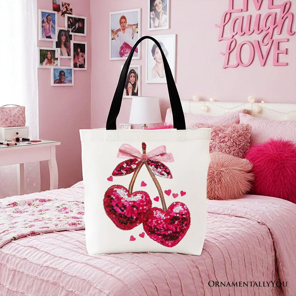 Sequin Pink Cherry Heart Canvas Tote Bag, Valentine Coquette Trendy Women Gift - Image 4