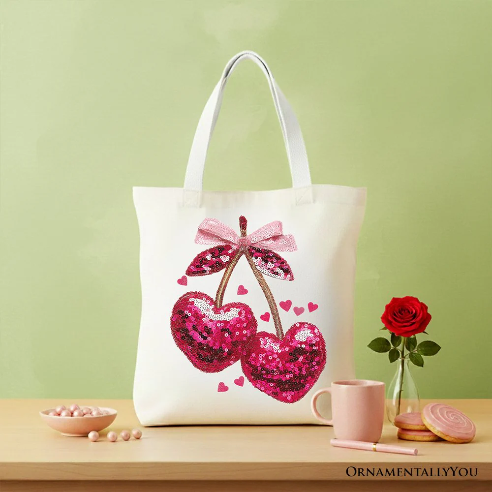 Sequin Pink Cherry Heart Canvas Tote Bag, Valentine Coquette Trendy Women Gift - Image 5