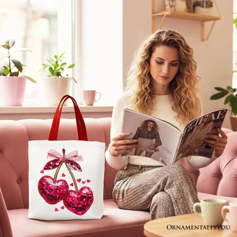 Sequin Pink Cherry Heart Canvas Tote Bag, Valentine Coquette Trendy Women Gift - Image 6