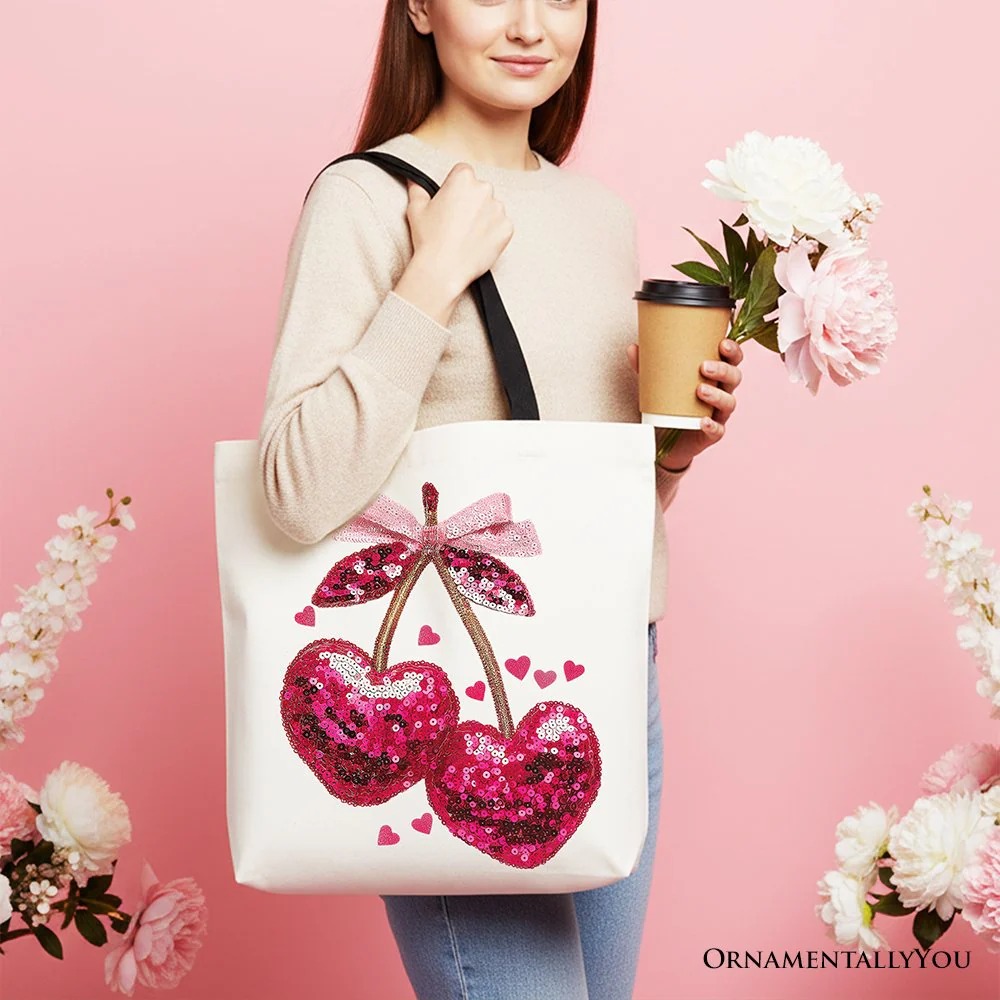 Sequin Pink Cherry Heart Canvas Tote Bag, Valentine Coquette Trendy Women Gift - Image 7