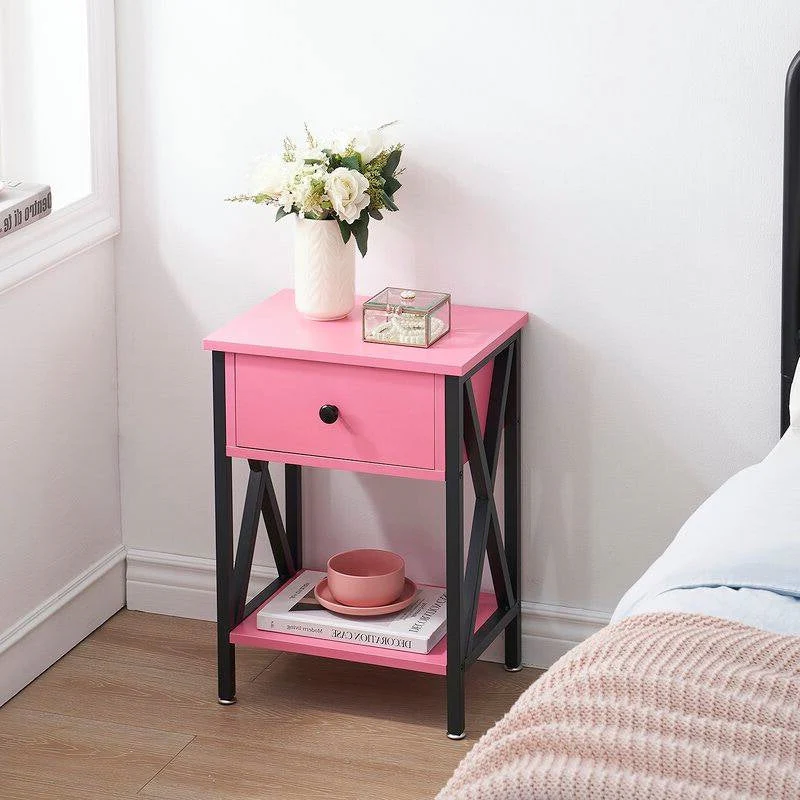 Set of 2 - 1-Drawer Nightstand Bedside Table in Pink and Black - Image 4