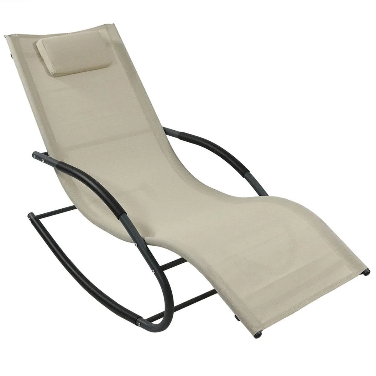 Set of 2 Beige Rocking Chaise Lounger Patio Lounge Chair with Pillow - Image 2