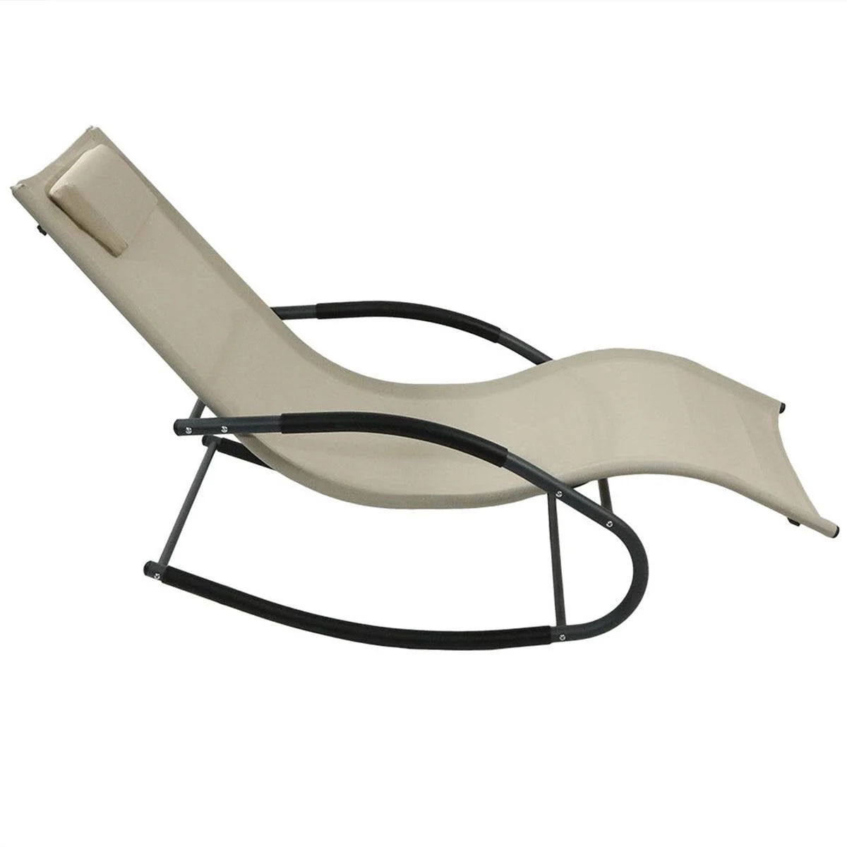 Set of 2 Beige Rocking Chaise Lounger Patio Lounge Chair with Pillow - Image 3