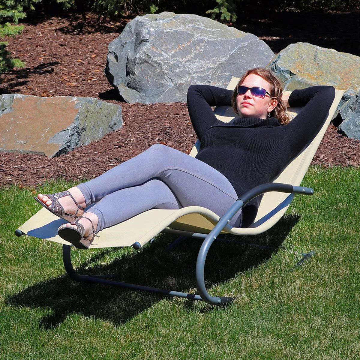 Set of 2 Beige Rocking Chaise Lounger Patio Lounge Chair with Pillow - Image 4