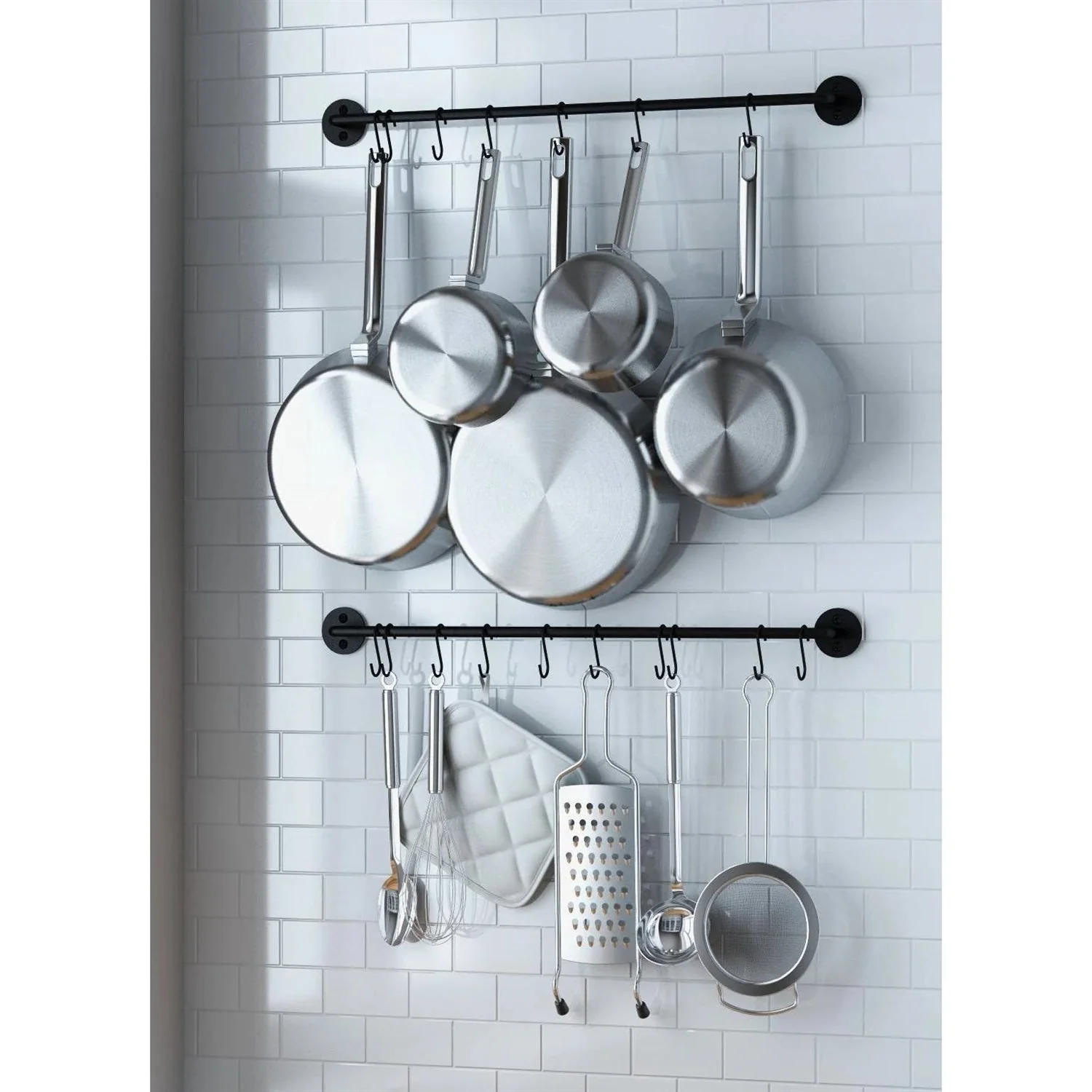Set of 2 - Black Metal Wall Mounted Pot Rack with 20 Hanging Hooks - Image 2