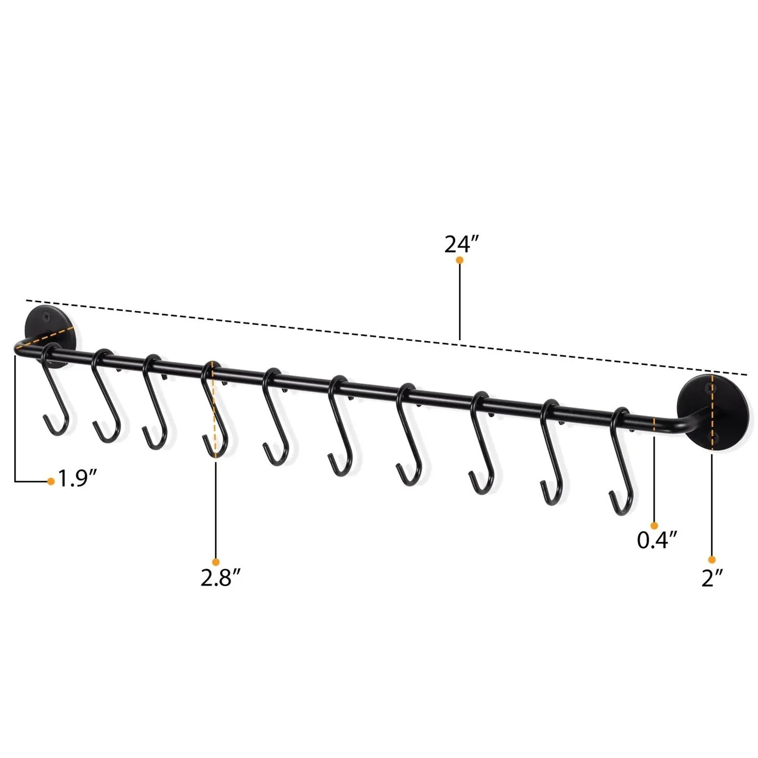 Set of 2 - Black Metal Wall Mounted Pot Rack with 20 Hanging Hooks - Image 3
