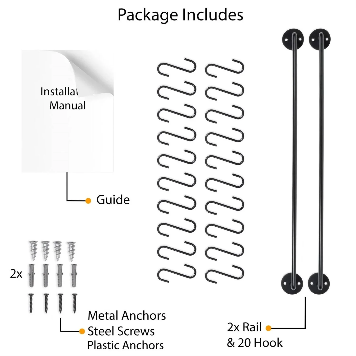 Set of 2 - Black Metal Wall Mounted Pot Rack with 20 Hanging Hooks - Image 5