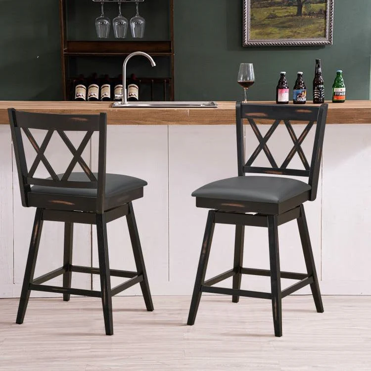 Set of 2 Black Wood 24-in Counter Height Farmhouse Swivel Cushion Seat Barstools - Image 2