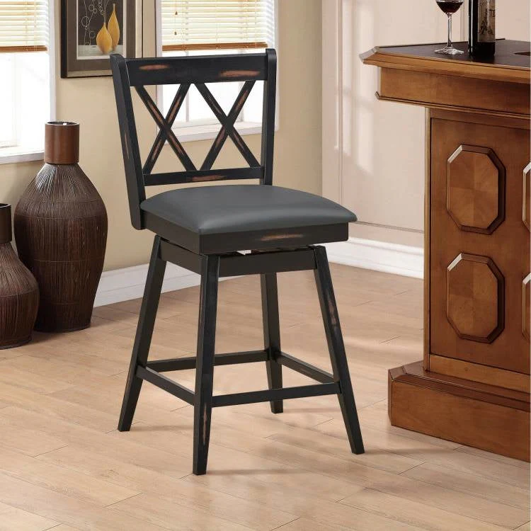 Set of 2 Black Wood 24-in Counter Height Farmhouse Swivel Cushion Seat Barstools - Image 3