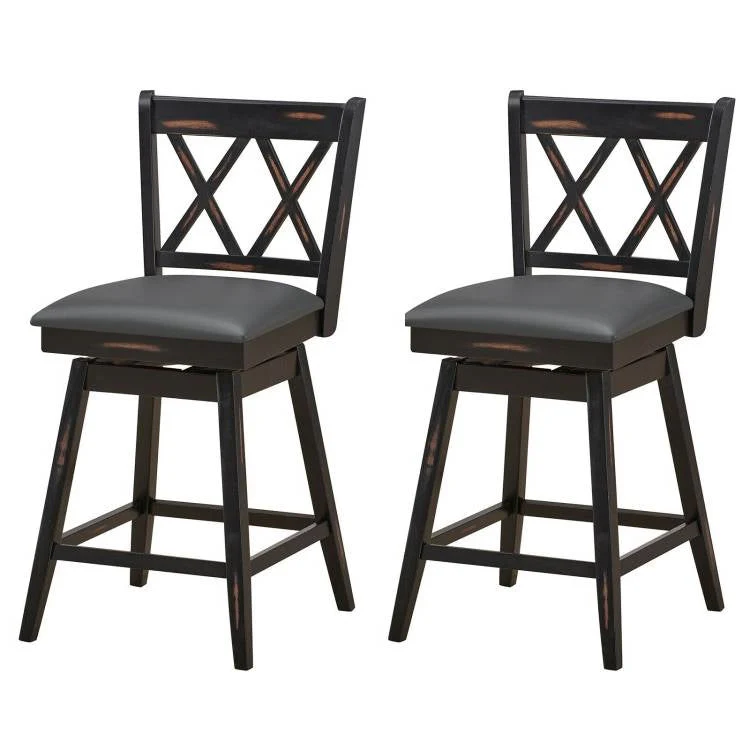Set of 2 Black Wood 24-in Counter Height Farmhouse Swivel Cushion Seat Barstools - Image 4