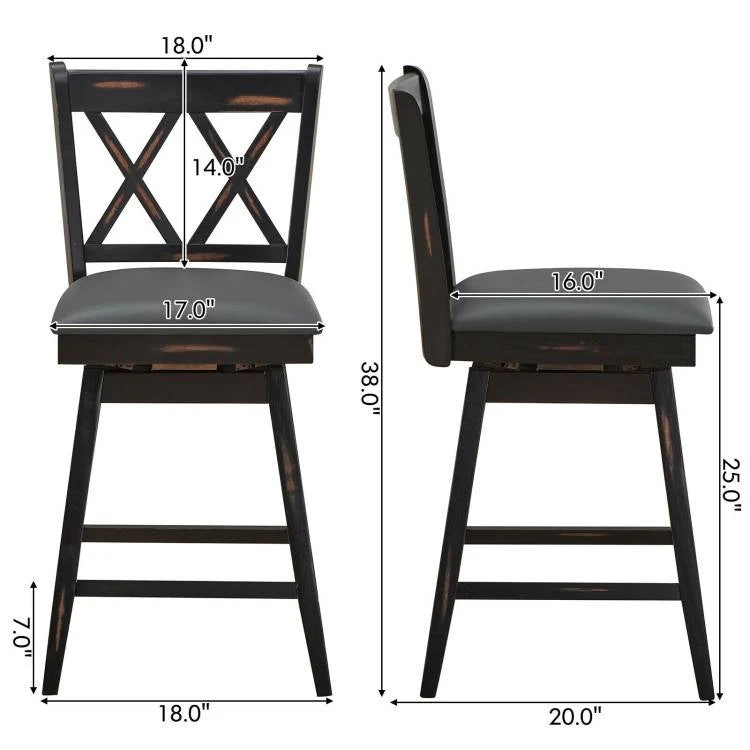 Set of 2 Black Wood 24-in Counter Height Farmhouse Swivel Cushion Seat Barstools - Image 5