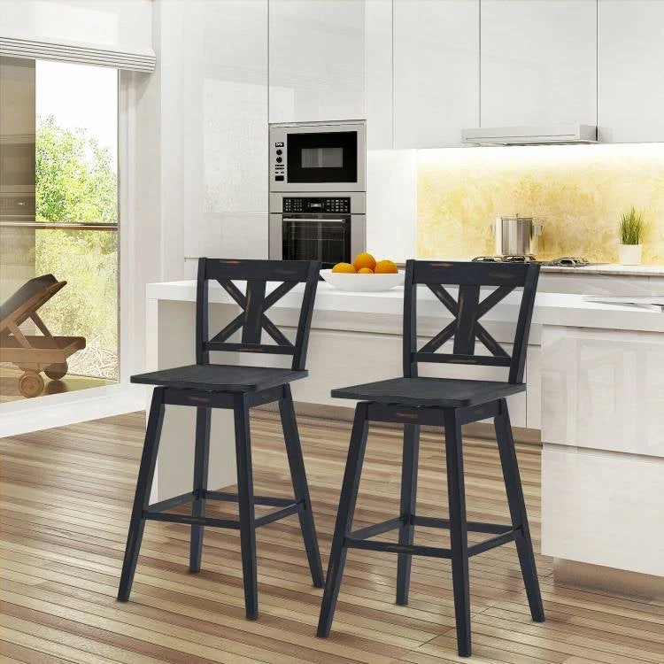 Set of 2 Black Wood 29-in Modern Kitchen Dining Farmhouse Swivel Seat Barstools - Image 2