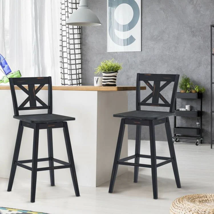 Set of 2 Black Wood 29-in Modern Kitchen Dining Farmhouse Swivel Seat Barstools - Image 3