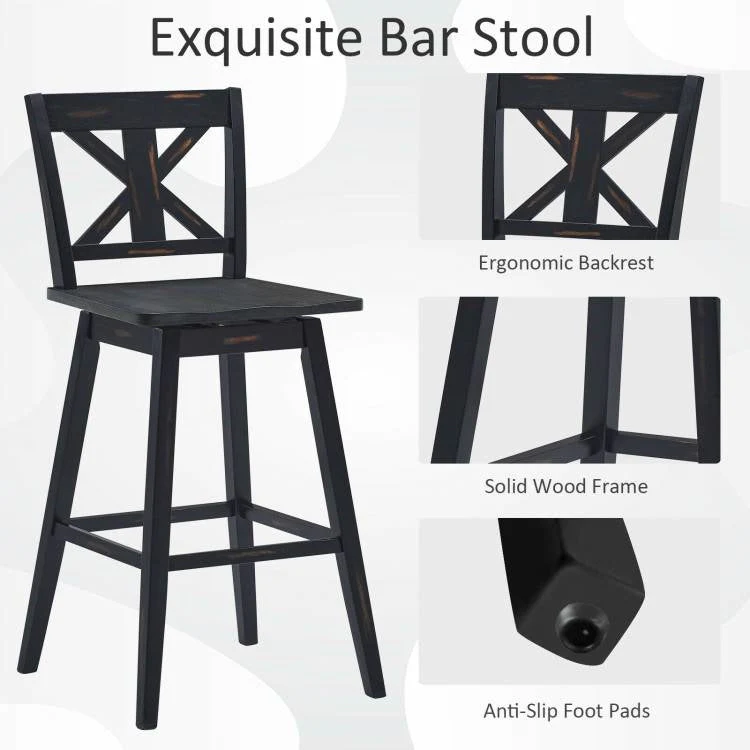 Set of 2 Black Wood 29-in Modern Kitchen Dining Farmhouse Swivel Seat Barstools - Image 4