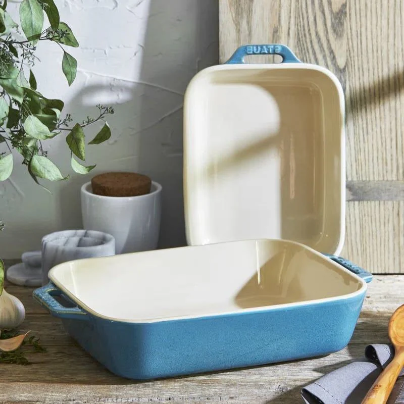 Set of 2 - Ceramic Stoneware Baking Dish Set in Blue Green Turquoise Ivory - Image 3