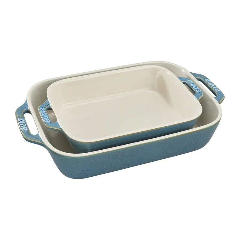 Set of 2 - Ceramic Stoneware Baking Dish Set in Blue Green Turquoise Ivory - Image 4