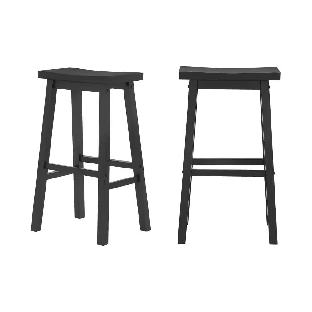 Set of 2 Farmhouse Bar Height Saddle Seat Barstool in Charcoal Black Wood Finish - Image 2